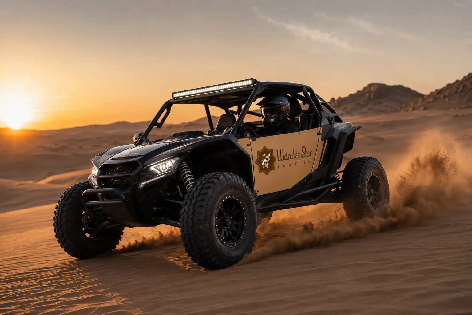 Off-road buggy branded with company livery kicking up sand while driving through the desert at sunset