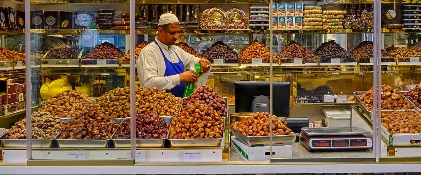 Vendor weighing fresh dates at a traditional Emirati dates market stall stocked with various date varieties