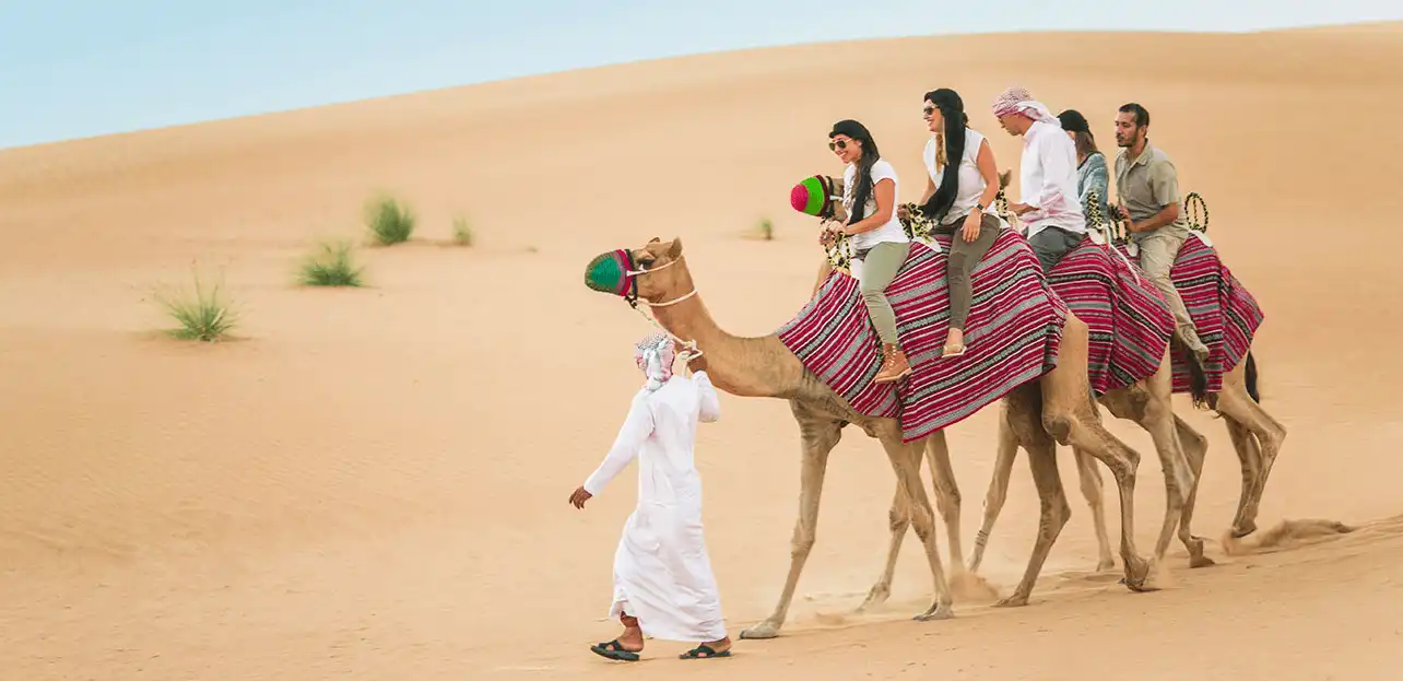 Emirati guide leading a caravan of tourists on camels across golden desert dunes for a traditional Dubai camel ride