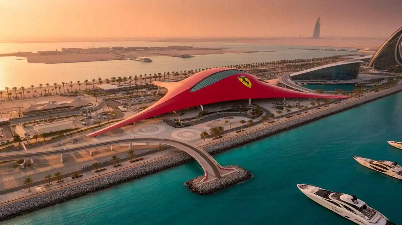 Aerial view of Ferrari World's iconic red roof on Yas Island, Abu Dhabi, with the marina and Burj Al Arab visible in the distance